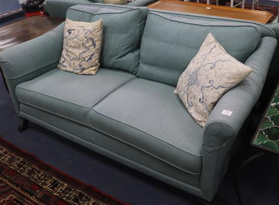 A three piece blue upholstered suite, sofa W.170cm